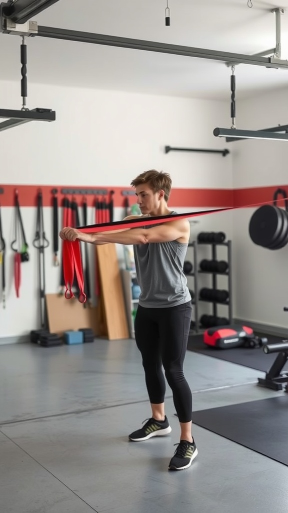 A person performing an exercise with a red resistance band in a garage gym.