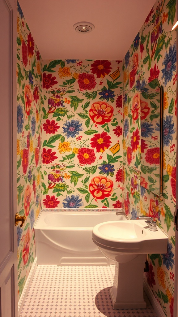 Small bathroom with bright floral retro wallpaper, featuring a bathtub and sink.