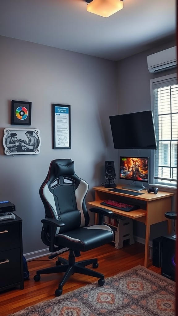 A cozy gaming corner featuring a modern gaming chair, desk with a monitor and keyboard, and a gaming console.