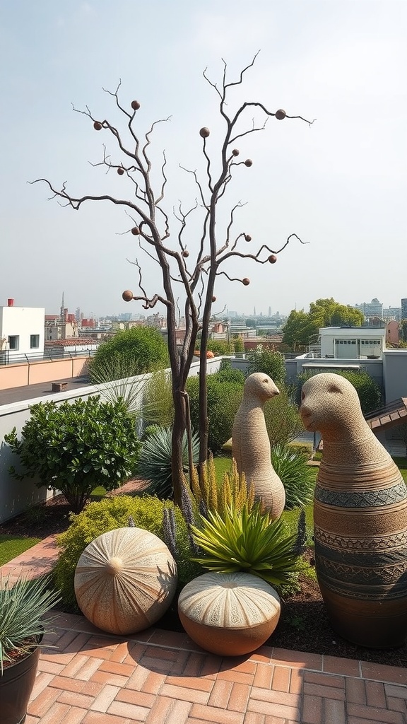 A terrace garden featuring a minimalist tree sculpture and whimsical animal figures surrounded by lush greenery.