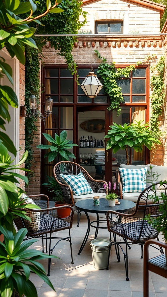 A cozy garden coffee retreat with a round table surrounded by chairs, lush greenery, and checkered cushions.