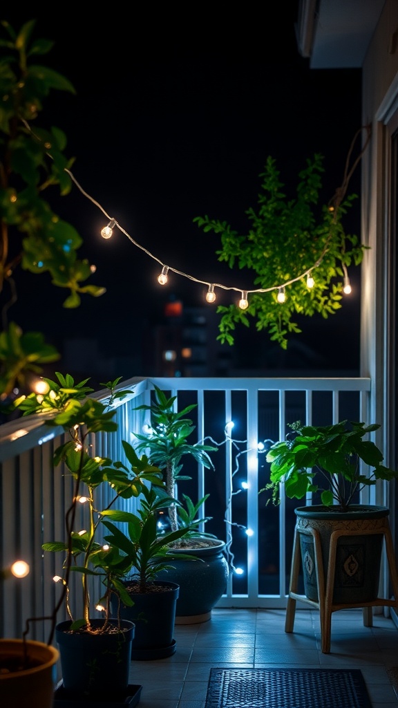 A small balcony at night with string lights and potted plants.