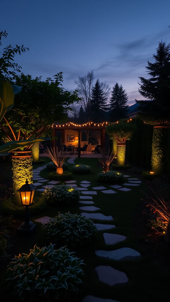 A beautifully lit garden with stone pathways, soft lighting on plants, and a cozy seating area.