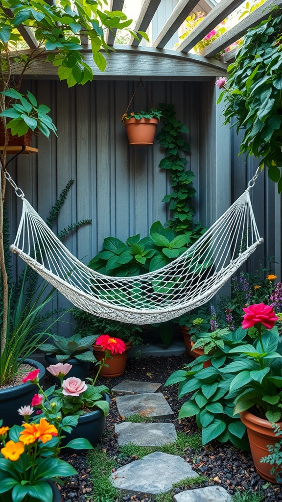 A serene garden nook with a hammock, colorful flowers, and a stone pathway.