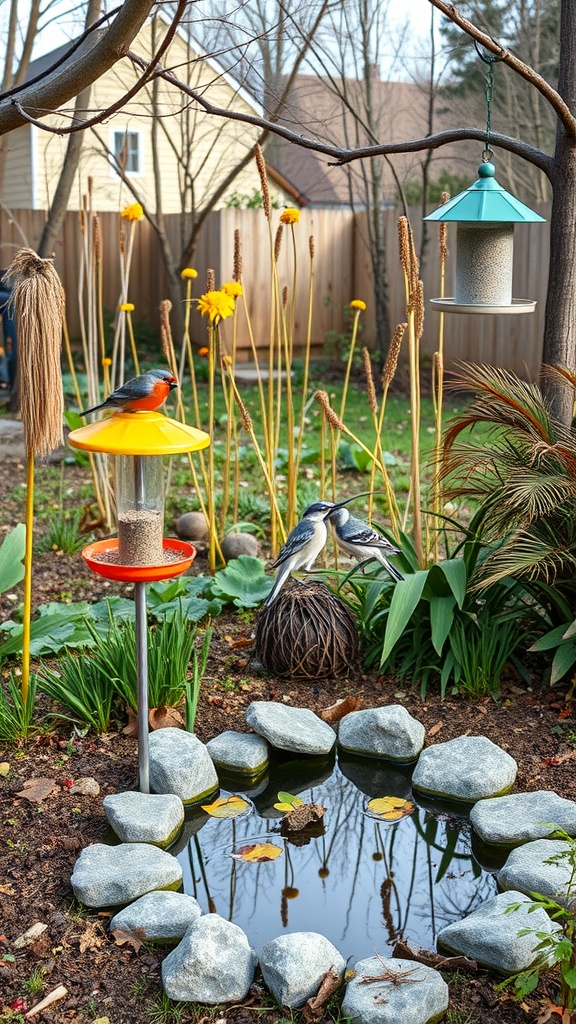 Colorful garden scene with bird feeders, birds, and a pond surrounded by stones.