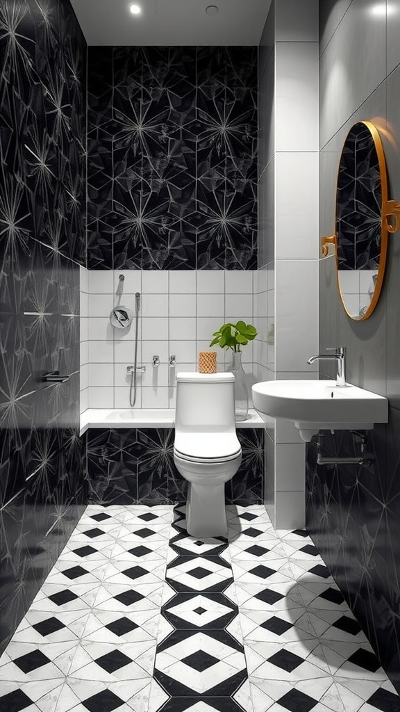 Modern bathroom with geometric black tiles on the walls and floor, featuring a round orange mirror and a small plant.