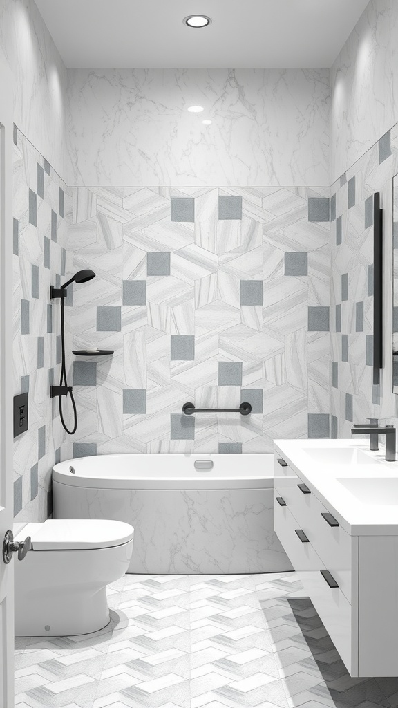 A modern bathroom featuring geometric patterns in grey and white tiles.