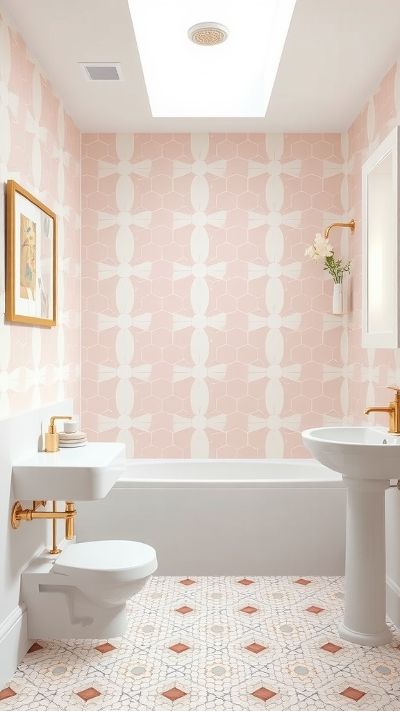 Bathroom featuring geometric patterns in soft pastels with pink walls and decorative floor tiles