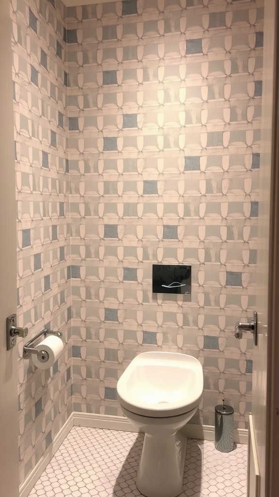 A small bathroom featuring geometric wallpaper with a tile effect in blue and white.