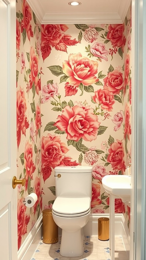 A small bathroom with glamorous floral wallpaper featuring oversized roses in pink and green.