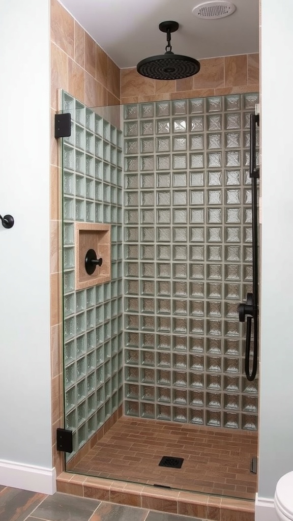 A rustic walk-in shower featuring a glass block wall and natural stone flooring