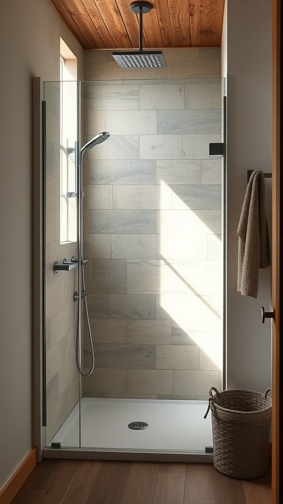 A rustic walk-in shower with a glass panel, wooden ceiling, and stone walls.