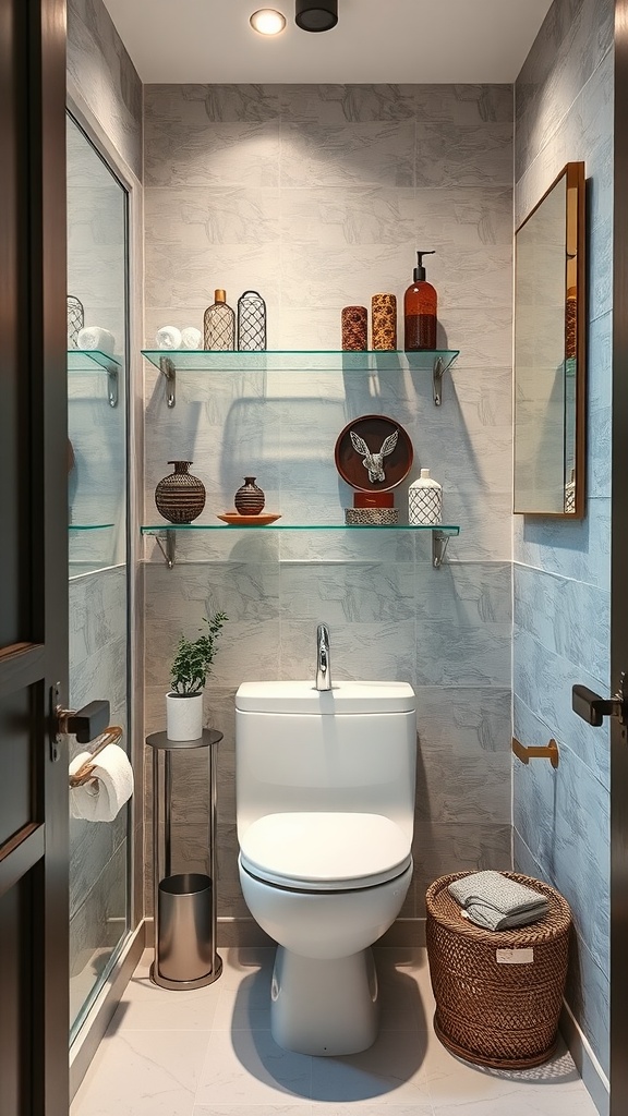 A small bathroom featuring glass shelves displaying decorative items and toiletries.