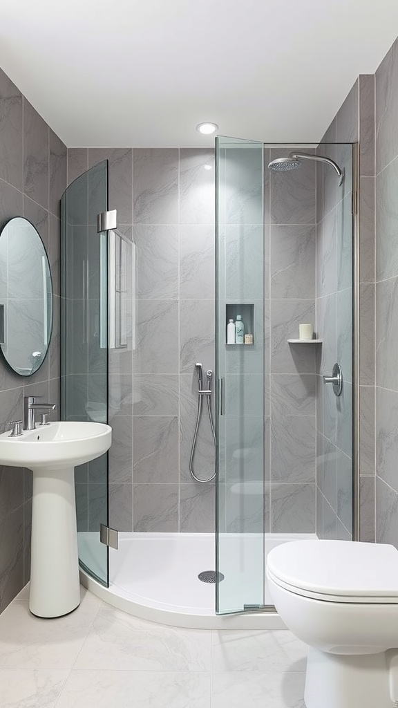 Modern bathroom featuring a glass shower enclosure with grey tiles and white fixtures