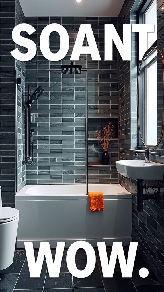 Modern bathroom featuring a glass shower enclosure with dark tiles and stylish fixtures.