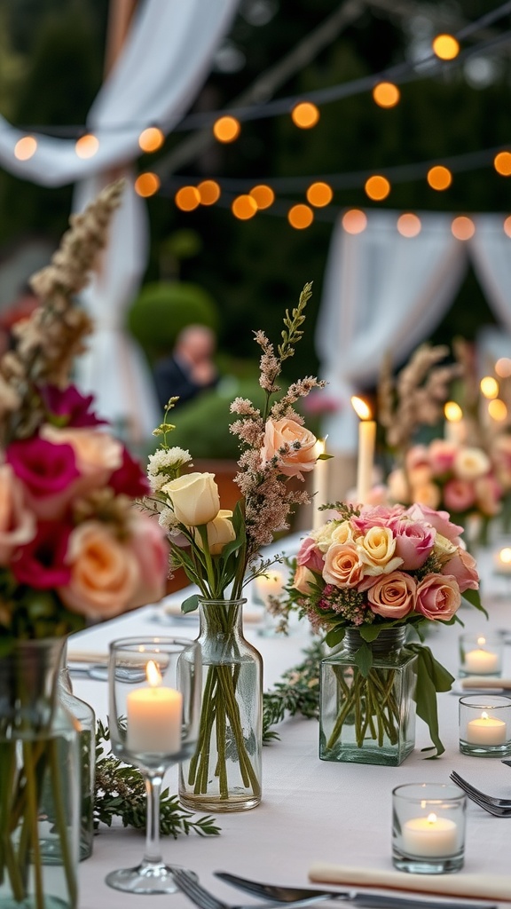 A table set for a garden wedding featuring glass vases with flowers and candles.