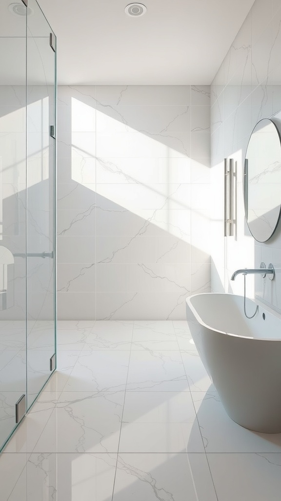 A modern bathroom featuring glossy glass tiles, a freestanding bathtub, and a glass shower.