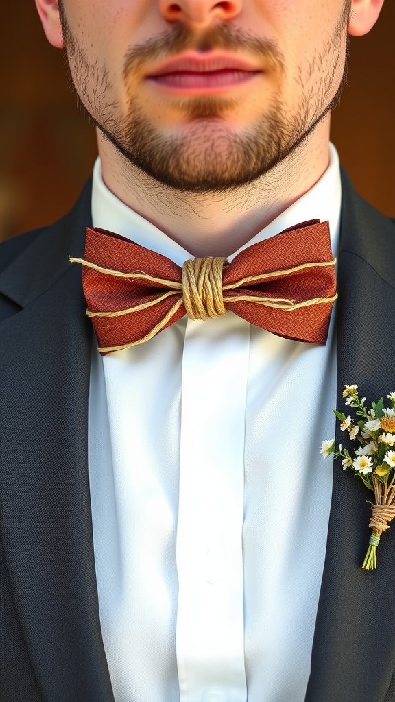 Close-up of a groom's bowtie made of rustic fabric with twine detail