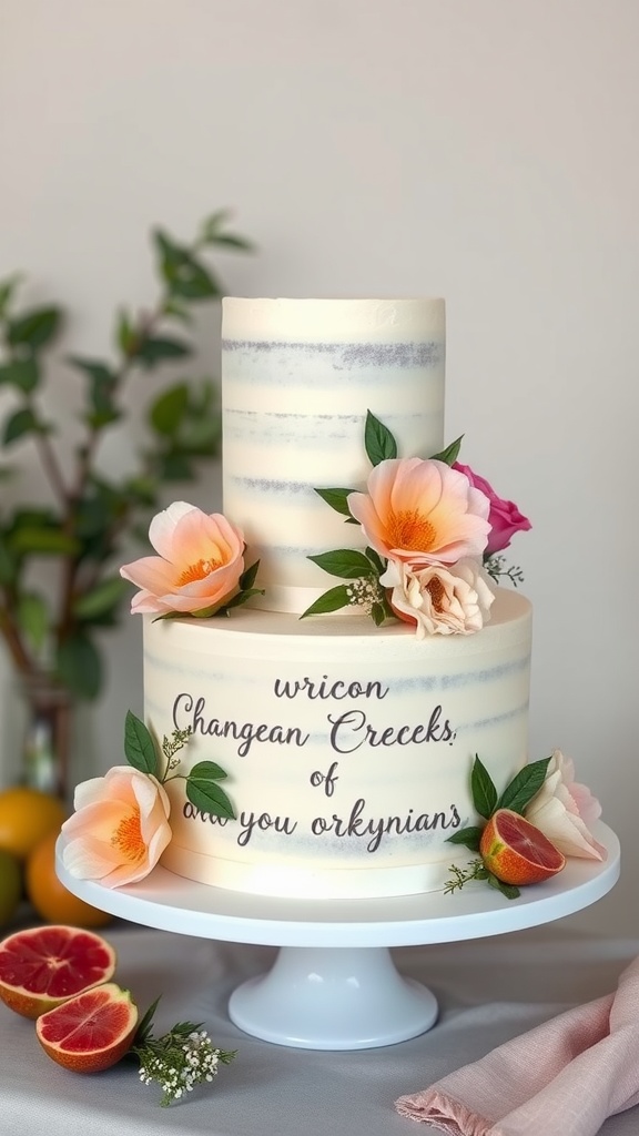 A two-tiered Guava and Cream Cheese Cake decorated with flowers and citrus slices.