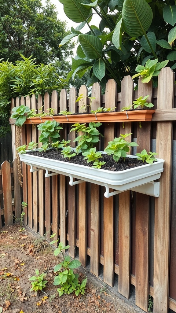 A vertical gutter garden mounted on a wooden fence, showing healthy green plants growing in a white gutter.