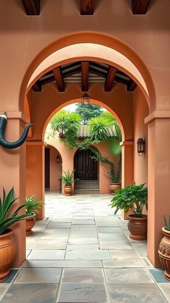 Hacienda-style archways with peach walls, wooden beams, and potted plants.