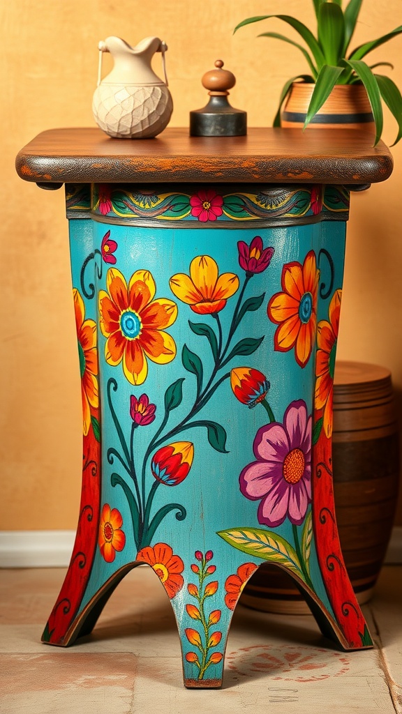 A colorful hand-painted table with floral designs, set against a warm background.