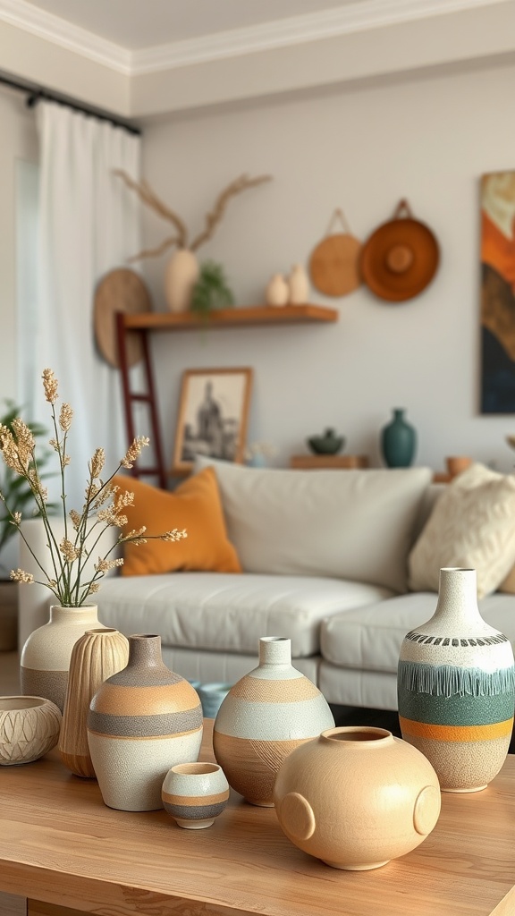 A collection of handcrafted pottery and vases displayed on a coffee table in a cozy living room setting.