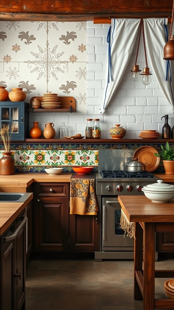 A rustic kitchen featuring handcrafted Talavera tiles on the backsplash with wooden elements and pottery.