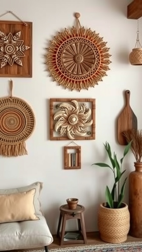 A collection of handcrafted wall art featuring woven designs and wooden accents in a rustic Mexican home setting.