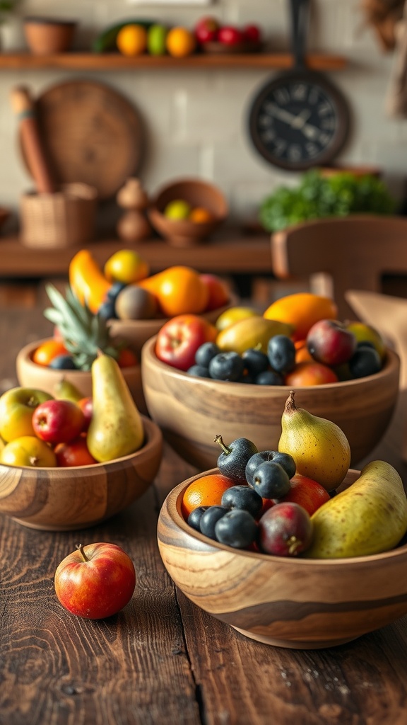 A collection of handcrafted wooden bowls filled with colorful fruits on a wooden table.