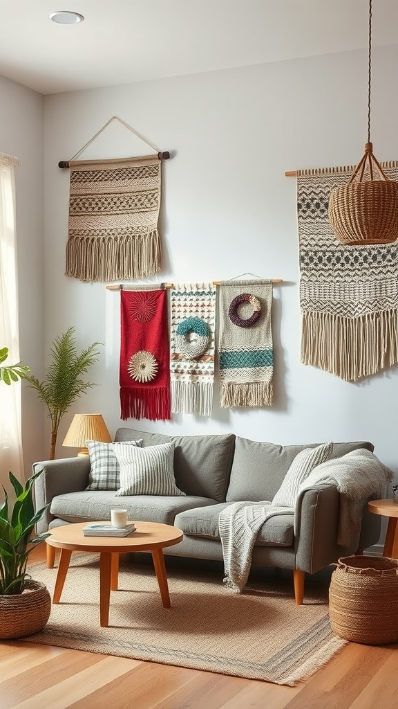 A cozy living room featuring handwoven wall hangings in various colors and patterns, complemented by a comfortable sofa and natural decor.