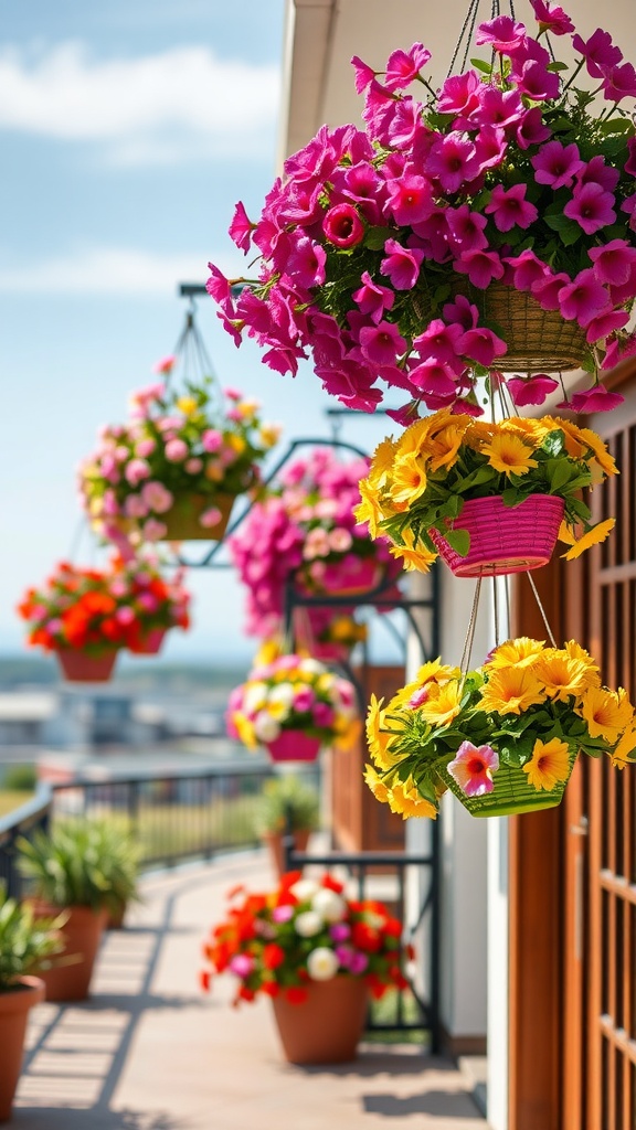 Vibrant hanging flower baskets with a mix of pink petunias and yellow blooms on a terrace.