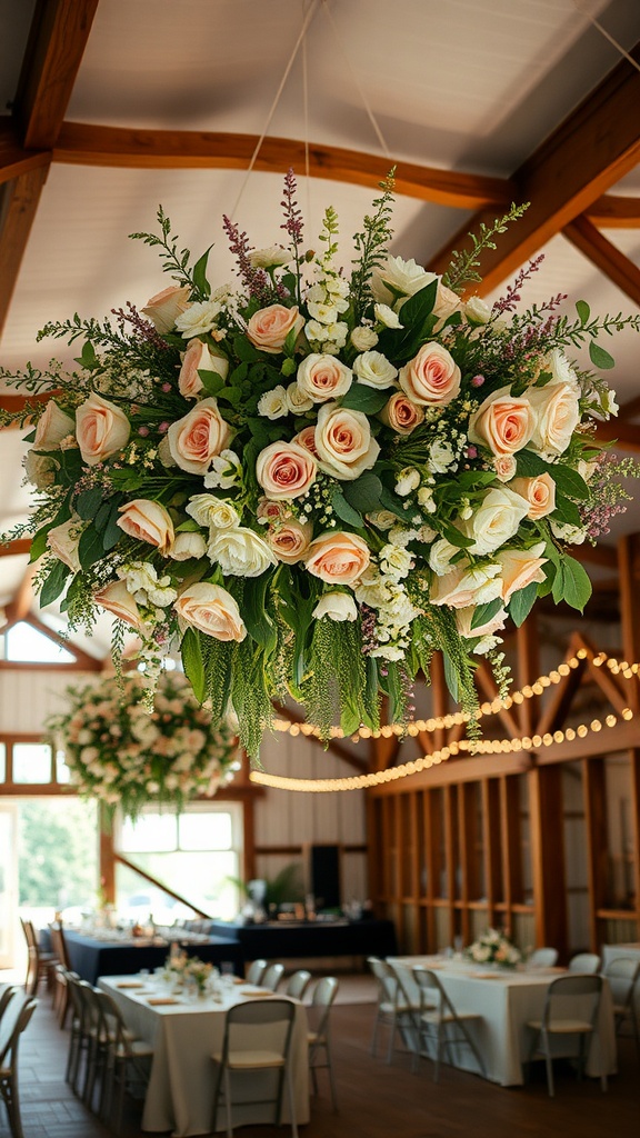 A beautiful hanging floral arrangement featuring peach and white roses with greenery in a rustic wedding venue.