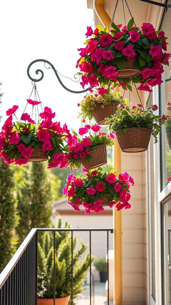 Hanging flower baskets with bright pink petunias on a balcony