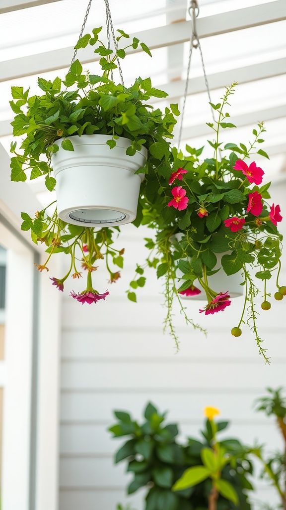 Two hanging hydroponic planters with vibrant flowers and lush green plants.