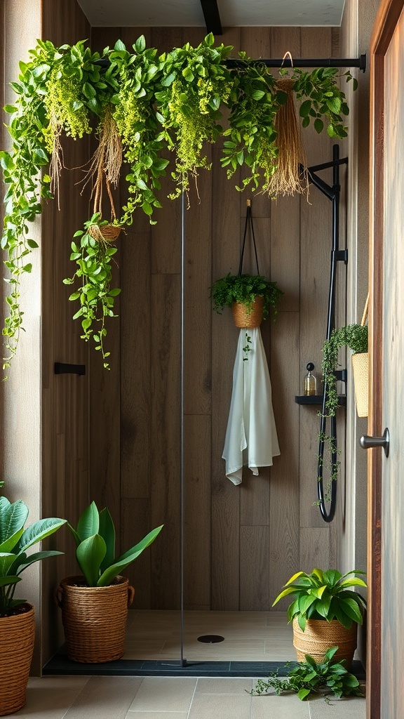 A rustic walk-in shower featuring hanging plants and greenery, enhancing the natural ambiance.