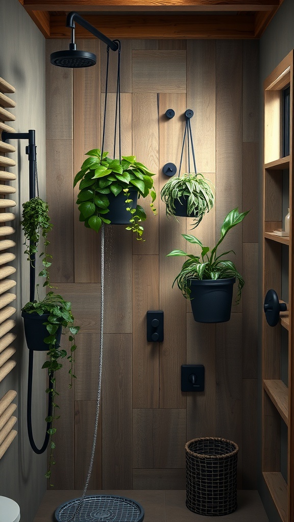 Rustic walk-in shower with hanging plants for decoration