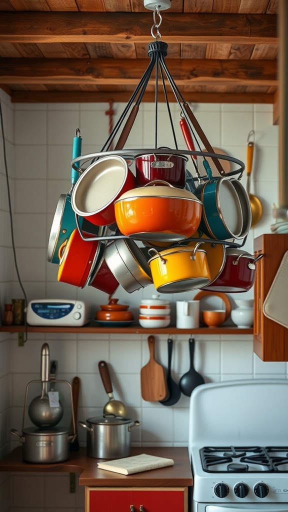 A colorful arrangement of hanging pots and pans in a small kitchen, showcasing a practical and decorative approach to kitchen storage.