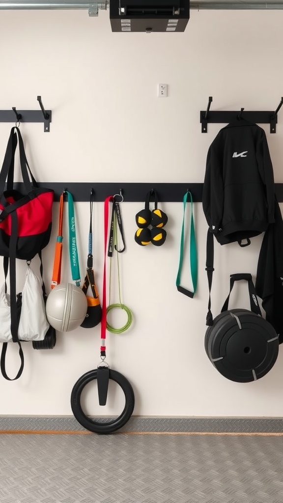 Hanging storage solutions for gym gear, showing organized equipment on a wall-mounted rack.