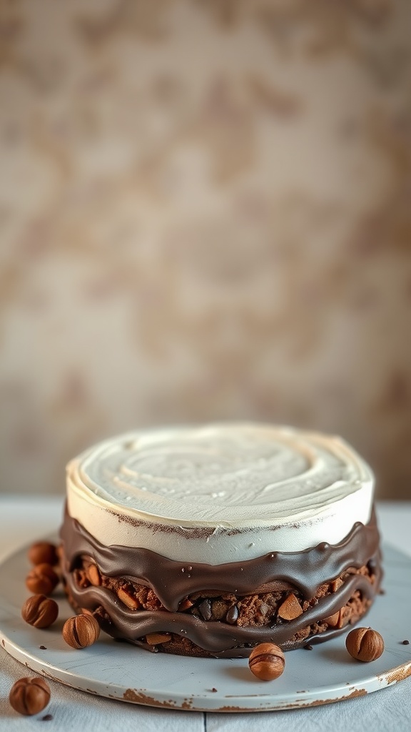 A beautifully decorated hazelnut and chocolate cake with a creamy frosting and draping chocolate ganache, surrounded by whole hazelnuts.