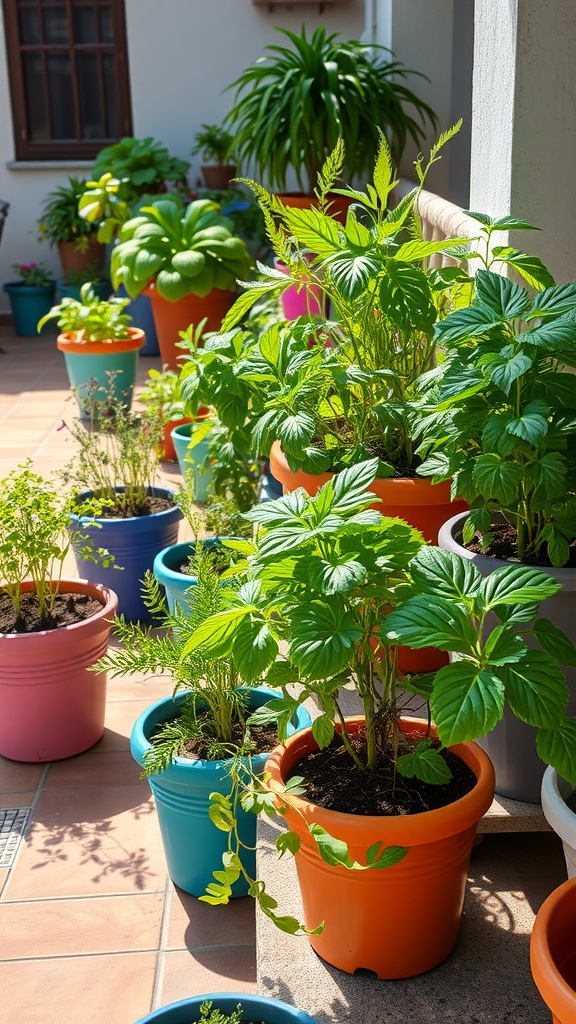 Colorful containers filled with various herbs on a terrace