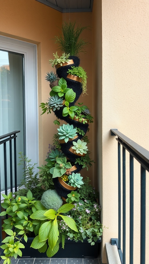 A vertical herb spiral garden with various plants in a compact space.