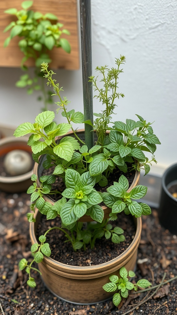 A lush herb spiral garden featuring vibrant mint plants and a creative vertical structure.