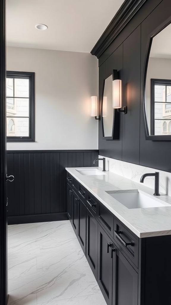 High-contrast bathroom vanity featuring dark cabinetry and light countertops