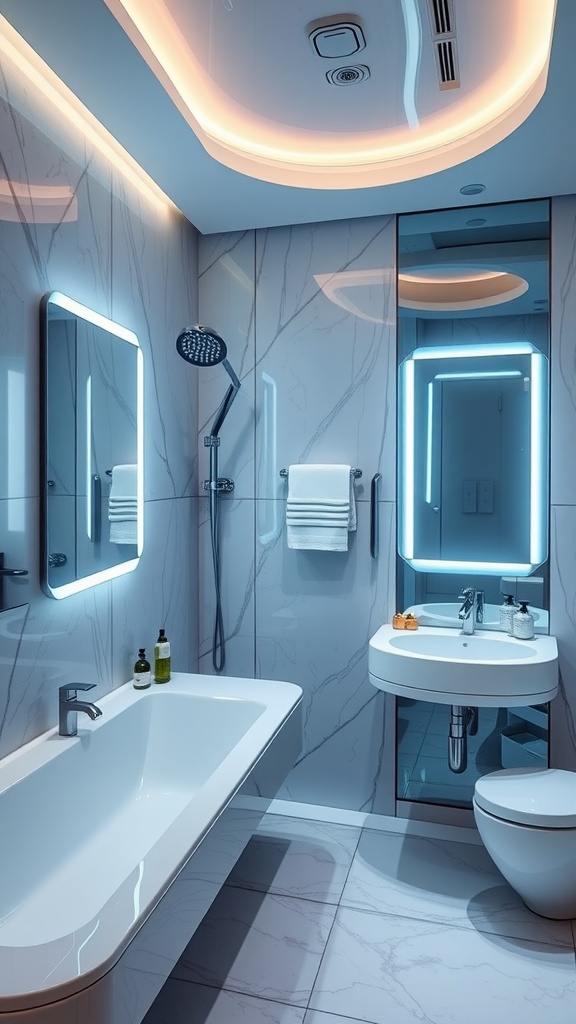 A modern bathroom featuring a stylish bathtub, LED lights, and a rain showerhead.