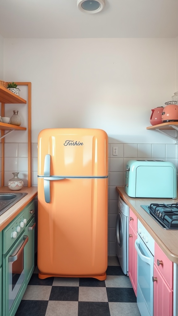 A small kitchen featuring colorful appliances, including an orange fridge and pastel green and blue accents.