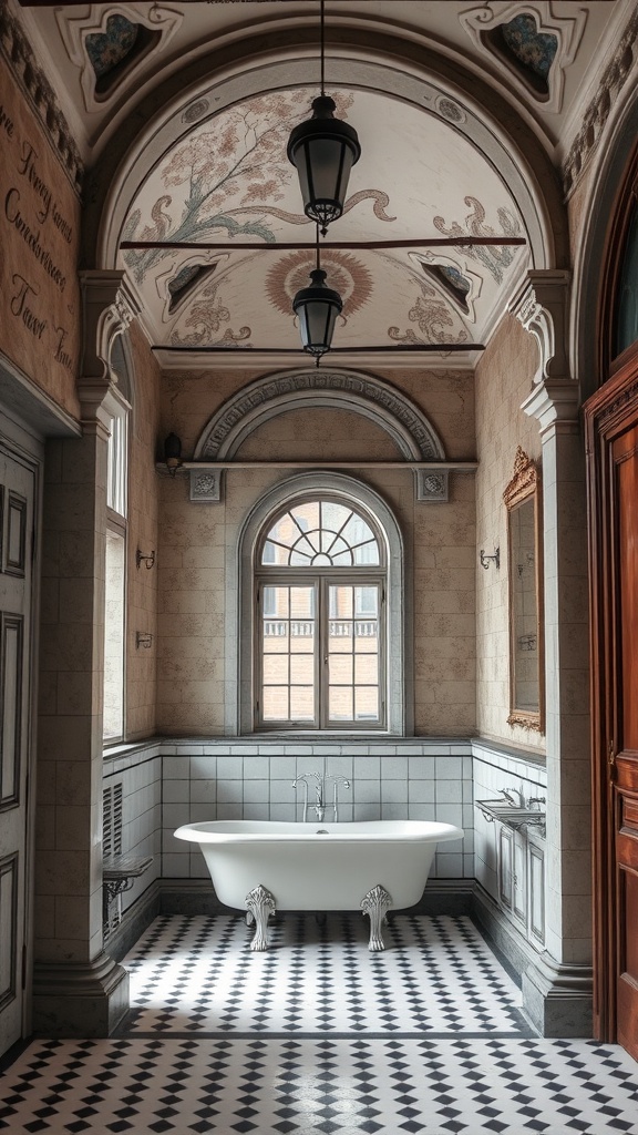 A Victorian bathroom featuring a freestanding tub, intricate ceiling, and patterned floor tiles