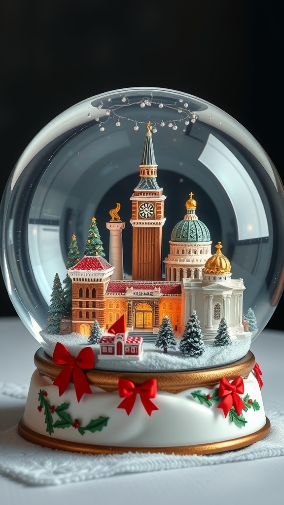 A decorative snow globe featuring a cityscape with a clock tower and holiday decorations.