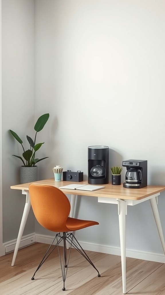 A cozy home office coffee corner featuring a wooden desk, an orange chair, coffee machines, and plants.