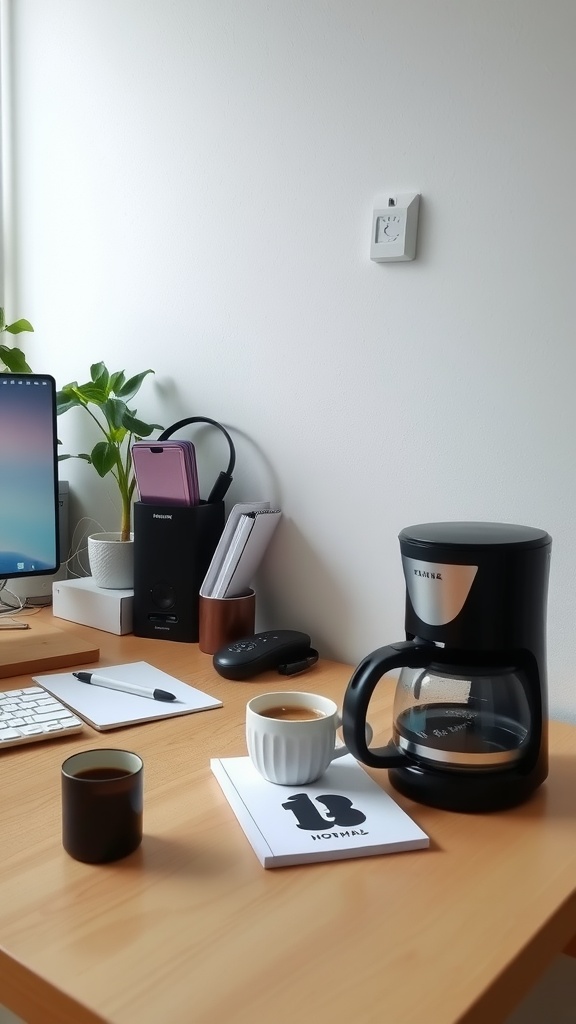 A home office desk setup with a coffee maker, cups of coffee, a plant, and organized office supplies.